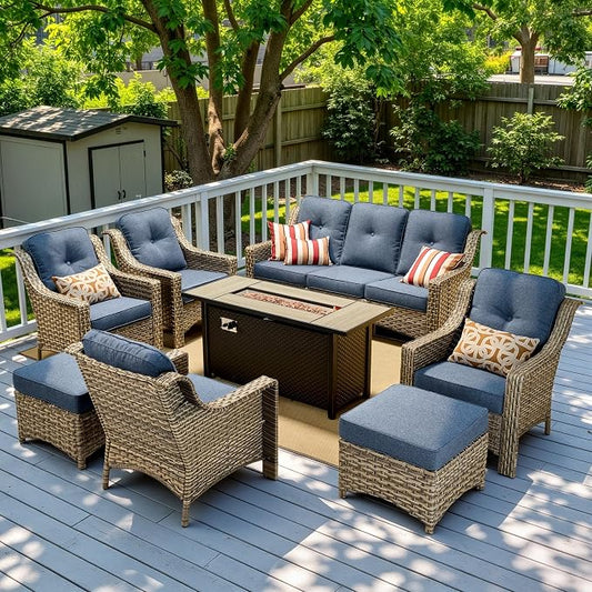 8 Piece Patio Furniture Set with Fire Pit Table, All Weather Wicker High Back Sofa Chairs Ottoman with Thick Cushion, Outdoor Conversation Sets for Large Backyard Deck Garden, Denim Blue