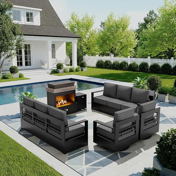 Outdoor Patio Furniture Set, 5-Piece Aluminum Patio Conversation Set All-Weather Metal Outdoor Sectional with 6 Inch Thick Cushions, Deep Setting and Fireplace for Garden, Outside and Porch, Grey