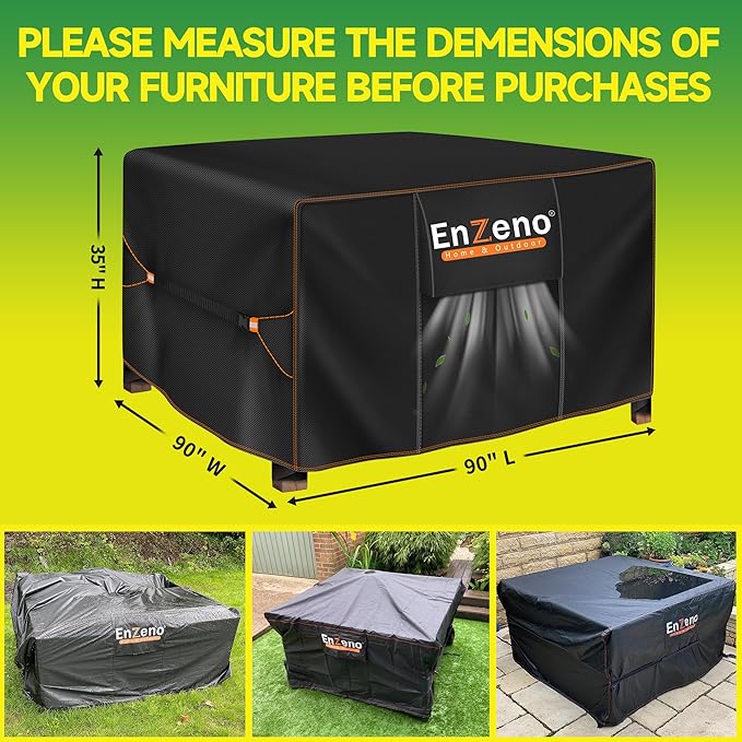Enzeno Patio Furniture Set Cover, Outdoor Sectional Sofa Couch Set Covers Waterproof, Garden Dining Table Chair Set Cover Outside Rectangular Heavy Duty Weatherproof 90" L x 90" W x 35" H Black