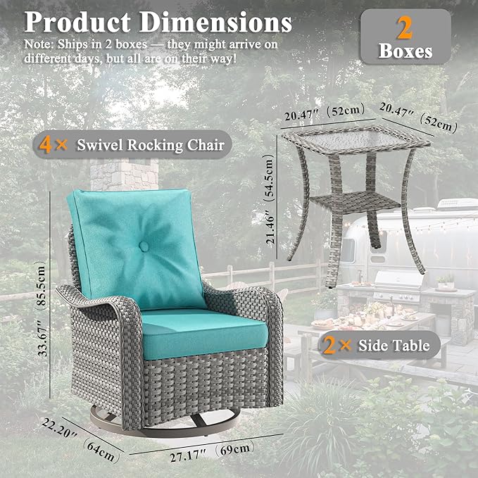 6 Piece Wicker Patio Furniture Set, Swivel Rocking Chairs with 4''Cushions, PE Rattan, Rust Resistant Frame, Double Layer Glass Side Table, for Backyard, Deck or Balcony, Blue