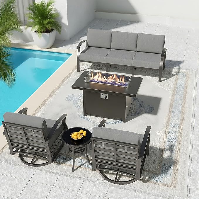 Aluminum Patio Furniture Set with 55,000 BTU Propane Fire Pit Table,5 Seats Metal Modern Outdoor Furniture w/5.1" Cushions,Patio Sectional w/Swivel Chairs for Backyard,Patio,Grey