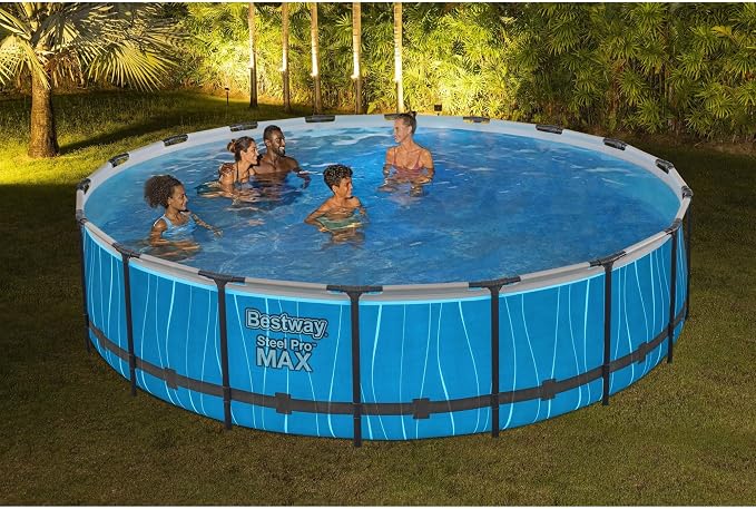 Bestway Steel Pro MAX 18' x 48" Above Ground Pool, Round Metal Frame Outdoor Swimming Pool Set with LED Light, Filter Pump, Ladder, & Cover, Dark Gray