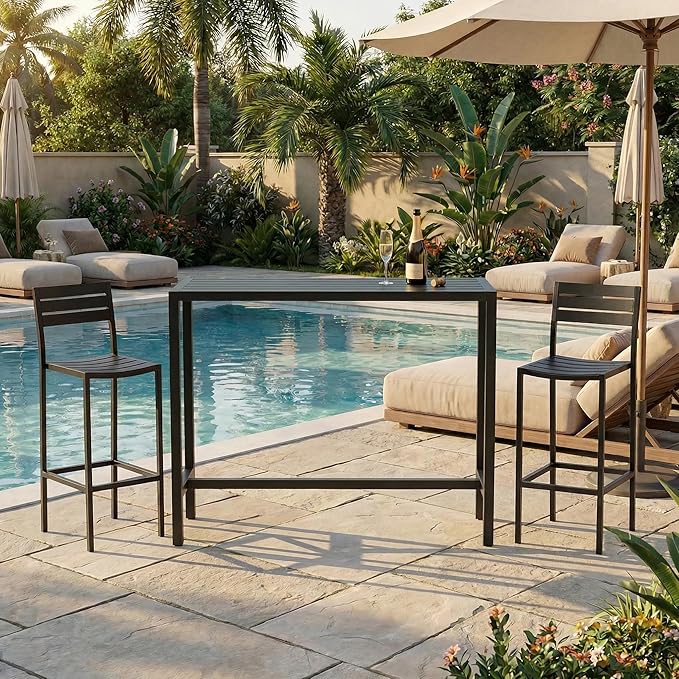 Outdoor Bar Table, 36in Bar Height Table, Black Metal Frame with Weatherproof Top, HDPE Outdoor Furniture for Patio, Hot Tub, Party, Balcony, Indoor