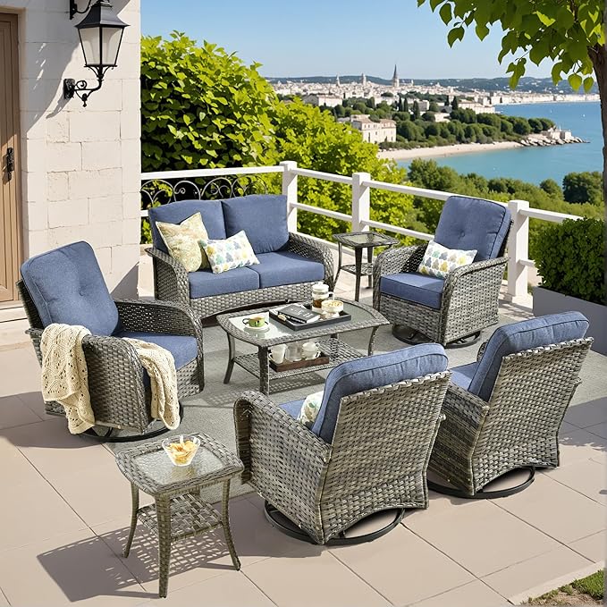 Weaxty 8 Pieces Outdoor Patio Furniture Sets with Swivel Rocking Patio Chairs and Loveseat Sofa,Coffee Table,All Weather Wicker Conversation Set for Deck Backyard Porch Poolside, Denim Blue