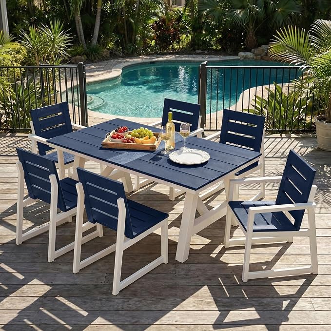 Costaelm Outdoor Dining Tables for Patio, 72" Rectangle 6-Person HDPE Dining Table with Umbrella Hole and Metal Frame for Outside, Garden, Poolside, Backyard, Porch, Balcony, Navy Blue