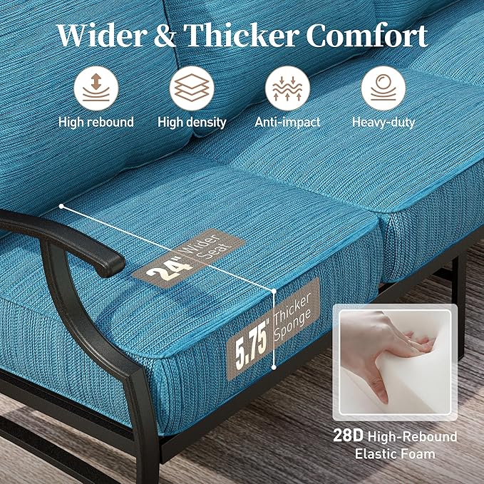 4 Piece Metal Outdoor Patio Furniture Set, Patio Conversation Set 1 3-seater Sofa, 2 Fixed Chair with 5.75" Extra Thick Cushion and Coffee Table, Black Frame Backyard Furniture, Blue-2