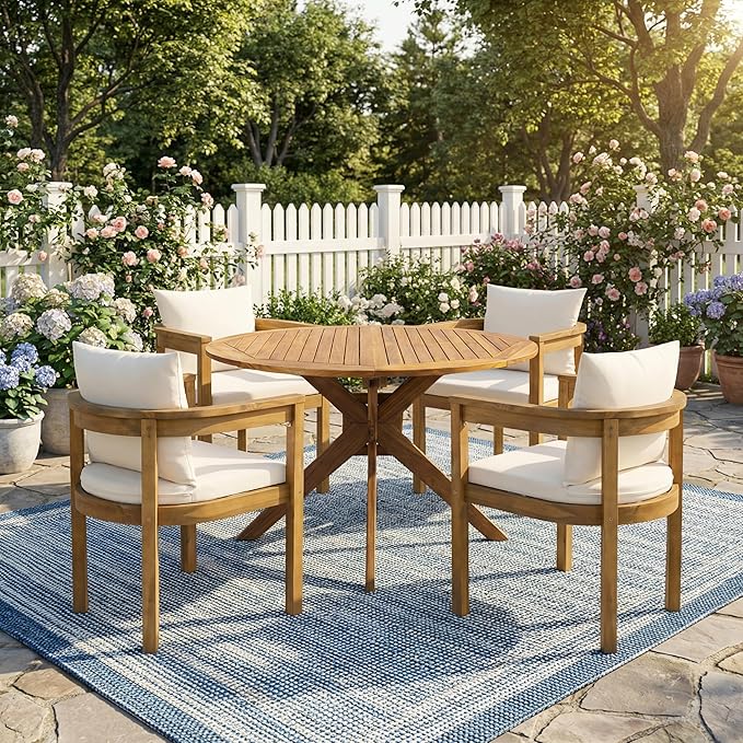 Christopher Knight Home Abact Acacia Wood Patio Dining Set for 4, Solid Wood Outdoor Dining Table Set for 4, Round Dining Table and Chairs Set of 4 with Cushion, Teak+Beige
