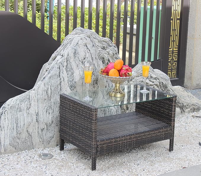 34.6" Patio Side Table, Large Rectangle Outdoor Coffee Table with Tempered Glass Top, Heavy Duty PE Rattan Wicker End Table, Patio Sofa Table for Backyard Deck Patio