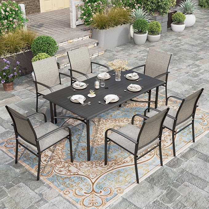 HERA'S HOUSE 7pc Outdoor Patio Dining Set, 6 Textilene Chairs, Brown | 67" rectangular metal table with umbrella hole. Waterproof, rust-resistant, all-weather for backyard, porch