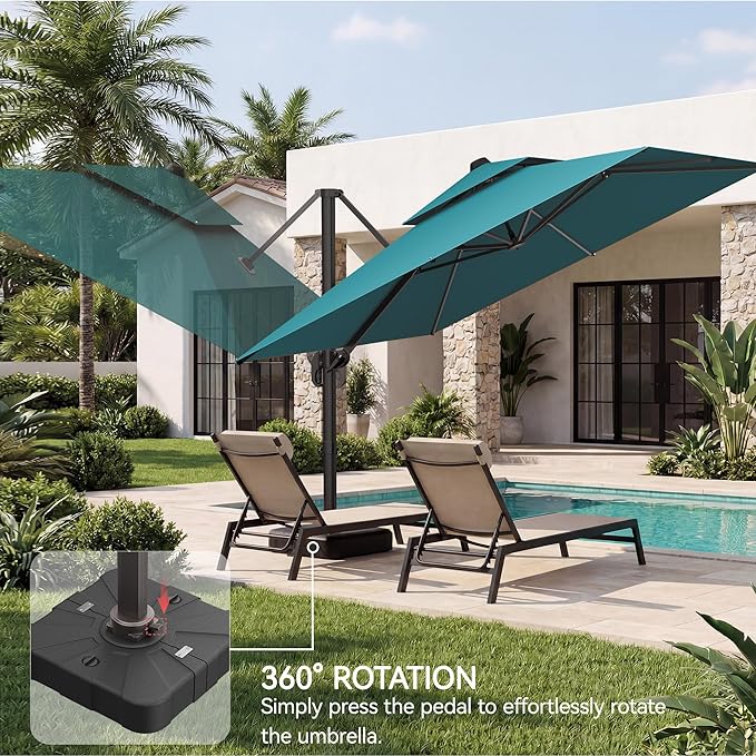 10x10 FT Patio Umbrella with Base, Large Cantilever Double Top Heavy Duty Offset Umbrellas with 360° Rotation, Outdoor shade for Garden Deck Pool, Turquoise
