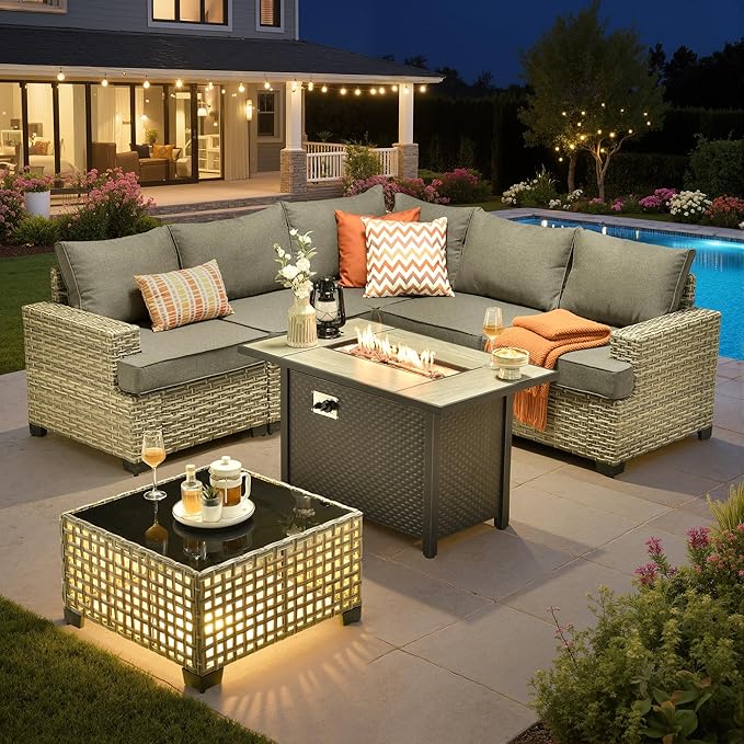 Outdoor Sectional Patio Furniture Set with Fire Pit,7 Pieces Rattan Conversation Sets,Out Door L Shaped Furniture with Glowing Coffee Table,Dark Grey