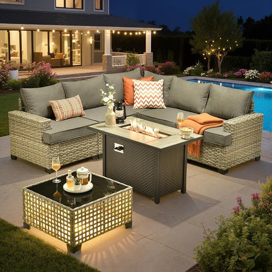 Outdoor Sectional Patio Furniture Set with Fire Pit,7 Pieces Rattan Conversation Sets,Out Door L Shaped Furniture with Glowing Coffee Table,Dark Grey