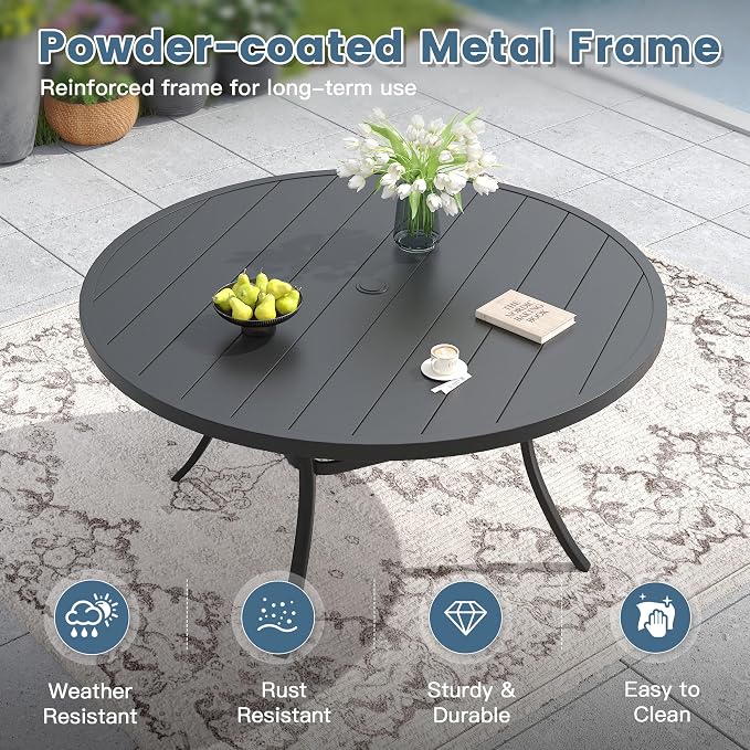 DIFY 7 Piece Outdoor Patio Dining Set for 6, 53" Black Round Metal Dining Table and Swivel Patio Chairs with Blue Padded Textilene, All-Weather Outdoor Furniture Set for Garden Backyard Porch