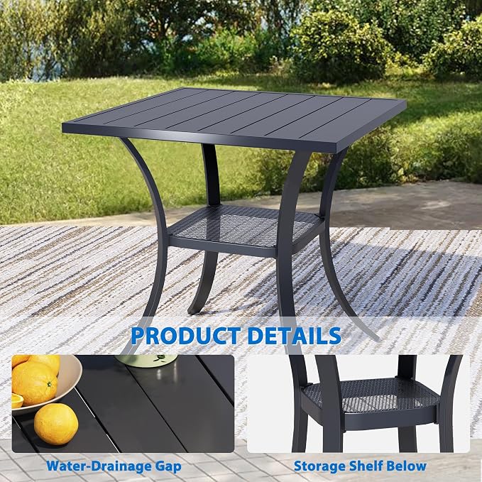 27.5'' Outdoor Patio Table with Storage Shelf, Heavy Duty 400lbs Capacity Square Metal Garden Table, All-Weather Black Tabletop for Deck, Balcony, Bistro, 2-4 Person