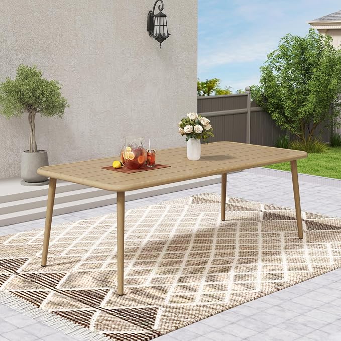 Outdoor Dining Table for 8, Large Rectangular Aluminum Patio Table with Umbrella Hole, 8-Person Rustproof Wood-Like Aluminum Dining Table for Lawn Garden Backyard