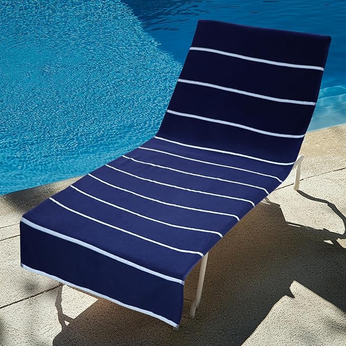 COTTON CRAFT Pool Lounge Chair Cover - 2 Pack Terry Towel Chaise Lounge Cover - Soft Cotton Absorbent Horizontal Stripe Beach Chair Towel - Oversized 32 W x 82 L x 7 inch Pocket - 450 GSM - Blue