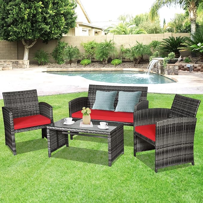 Giantex 4 Pc Patio Conversation Set, Rattan Loveseat & Patio Chairs with Cushioned Seat, Wicker Coffee Table, Outdoor Furniture Set for Front Porch Poolside Garden Lawn