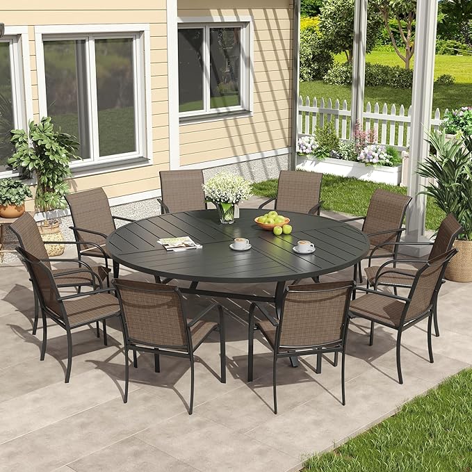 VICLLAX 11 Pieces Patio Outdoor Dining Set, 63" Round Metal Table with Umbrella Hole and 10 Stackable Textilene Chairs for Patio, Lawn, Garden, Porch, Black/Brown