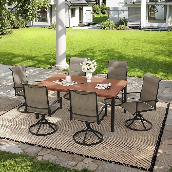 VICLLAX 7 Pieces Outdoor Dining Set, Patio Furniture Set Includes 63" Rectangular Metal Table W/ 1.9" Umbrella Hole and 6 Padded Textilene Swivel Chairs for Porch, Lawn, Garden, Backyard