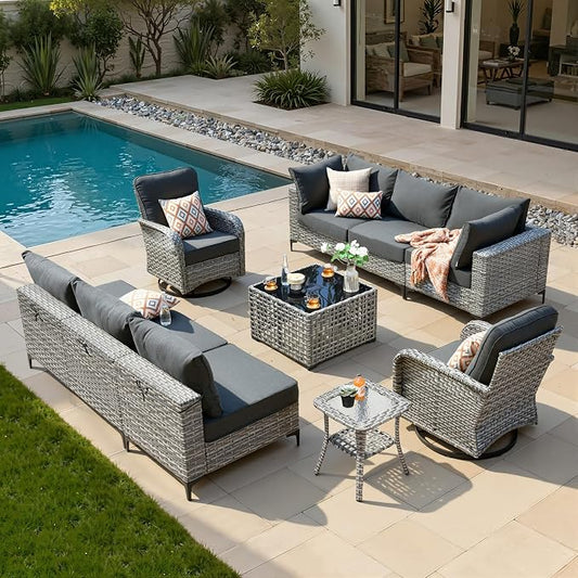 10 Pieces Patio Sectional Furniture Set, Outdoor Wicker Sectional Couch with High Back Swivel Rocker Chairs Solar Lights Table, Modern Conversation Set for Porch Balcony Backyard, Black