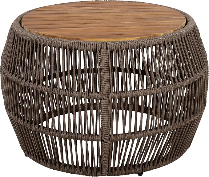 Round Acacia Wood Side Table with Light Grey Rope Frame, Teak Finish Top, 150 lbs Capacity, No Assembly Required, Weather-Resistant Accent Table for Patio Backyard Living Room