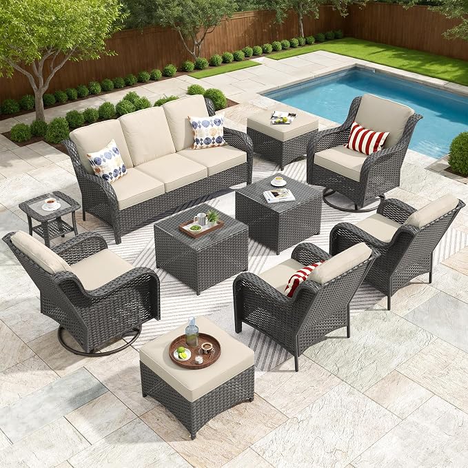 ovios 10 Pieces Patio Furniture Set with Swivel Rocking Chairs, Outdoor Wicker Sofa Couch Comfy Cushions, All Weather High Back Modern Conversation Set, Brown Rattan, Beige