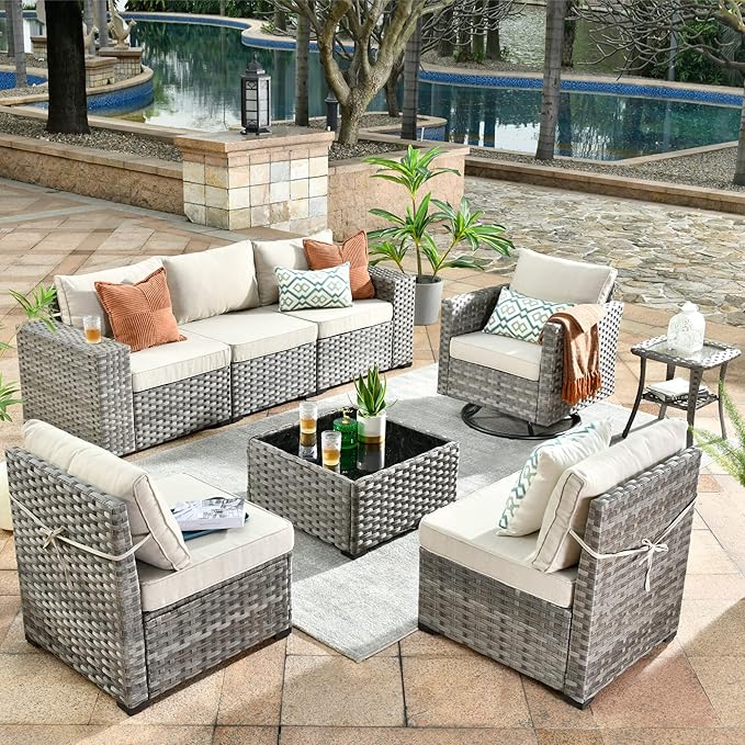 HOOOWOOO Outdoor Patio Sectional Furniture Sofa Set with Swivel Rocking Chair,8 Piece Modern Wicker Couch with Widened Armrest,Modular Conversation Seating Set for Garden(Beige Tan)