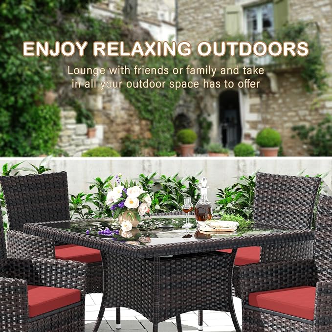 10 Pieces Outdoor Patio Dining Set,Patio Table and Chairs Rattan Outdoor Patio Furniture Set with Umbrella Hole,Dining Table Set for 8 with Chairs for Backyard,Garden and Kitchen,Red