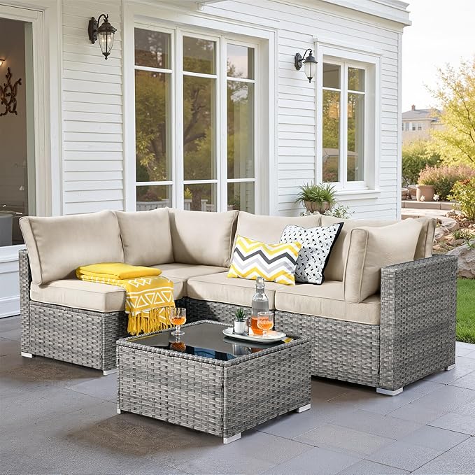 5 PCS Outdoor Patio Furniture Sets,Wicker Weather Resistant Patio Conversation Set with Comfy Cushions,Modular L Shaped Sofa with Coffee Table for Yard Backyard Porch Garden Poolside,Beige