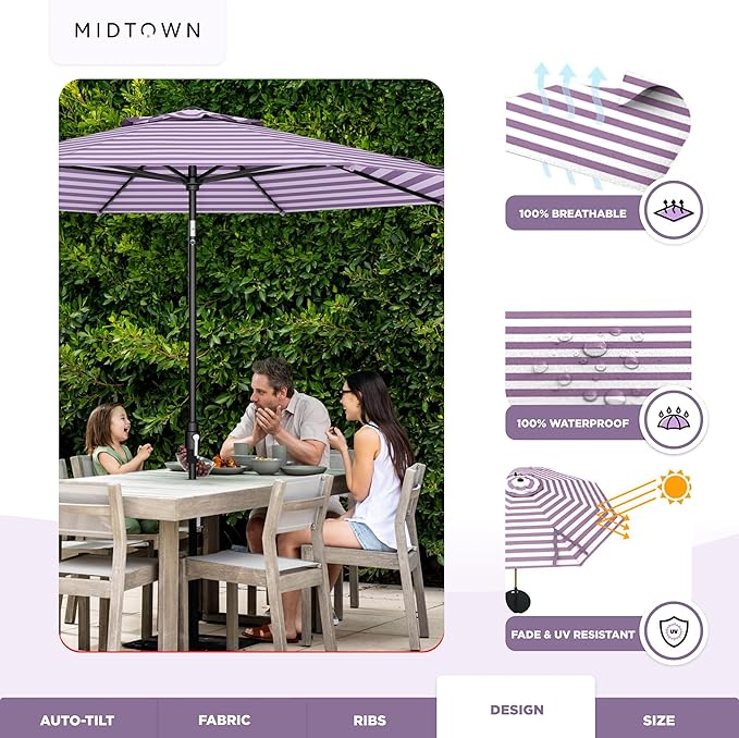 The Swilt 9 Feet Outdoor Umbrella With Terylast Midtown Stripes Purple/White Polyester Fabric - Fiberglass Ribs, Auto-Tilt And Swivel Aluminum Frame Patio Umbrella For Deck, Garden, Pool - Black Pole