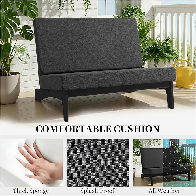 UIXE Black Wood Patio Furniture Sets, 2 Pieces All Weather Patio Loveseat Outdoor Sofa with Solid Wooden Coffee Table - Dark Gray