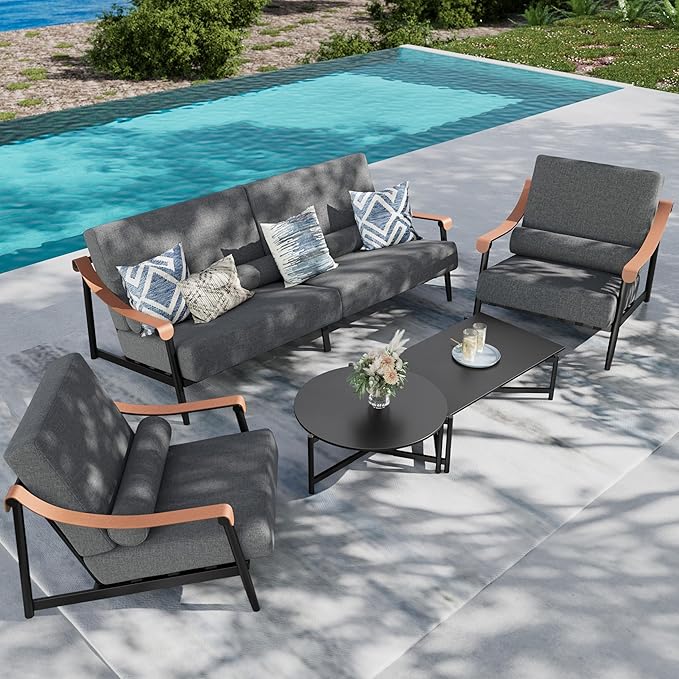 PHI VILLA Modern Outdoor Patio Furniture Set,Deep&Wide Seat with Extra Thick 6.3" Cushions Metal Outdoor Conversation Set(Backyard ICON Collection)
