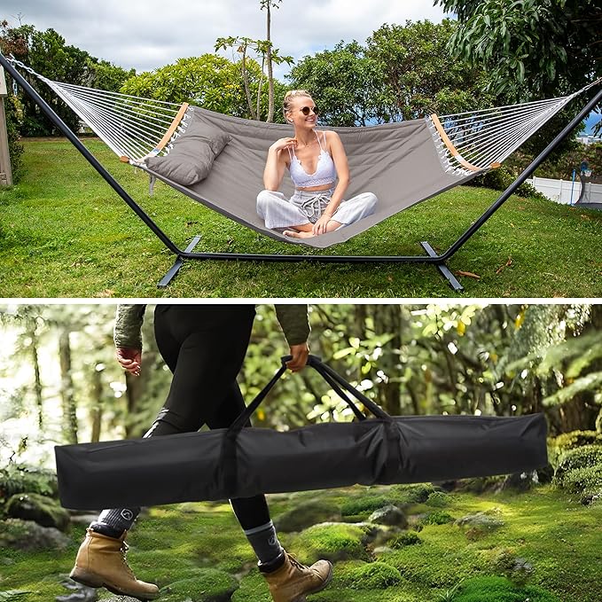 SUNCREAT Hammocks Portable Hammock with 12 Ft Stand, Double Hammock with Spreader Bar, Heavy Duty Hammock Storage Bag