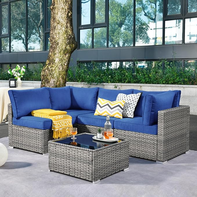 ovios Outdoor 5 Piece Coversation Set with Coffee Table,Sectional Patio Furniture Set with All-Weather Wicker Sofa,Modern Outside Couch for Balcony Backyard Pool, Navy Blue
