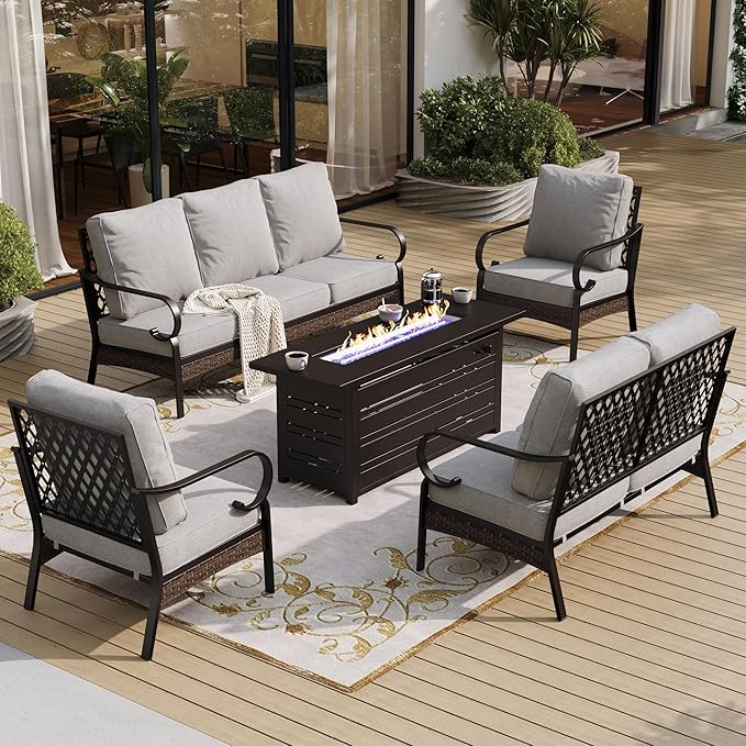 5 PCS Metal Outdoor Patio Furniture Sets with Firepit Table, Patio Conversation Sets 1 3-Seater Sofa, 1 2-Seater Loveseat, 2 Single Sofa with 5.75" Cushion for Backyard, Light Gray