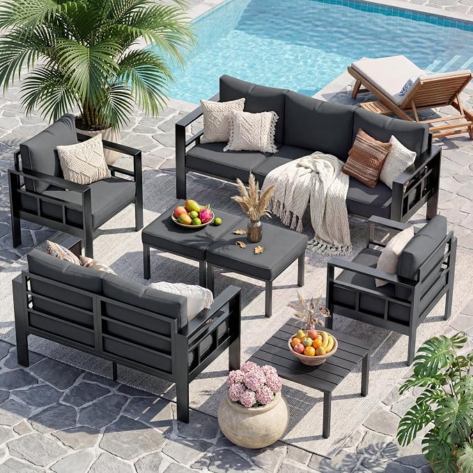 UDPATIO Aluminum Patio Furniture Set with 2 Ottomans, 7 Pieces All-Weather & UV-Resistant Outdoor Furniture for Deck, Backyard, Poolside, Dark Gray