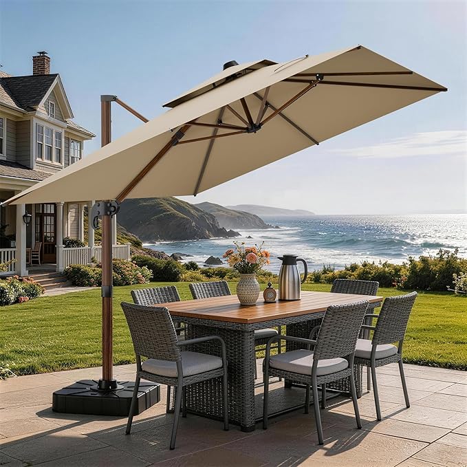 10x13FT Cantilever Outdoor Patio Umbrellas, Double Top Wood Pattern Rectangle Umbrella, Heavy Duty 360°Rotation Offset Umbrella for Garden Deck Pool Patio, Brown