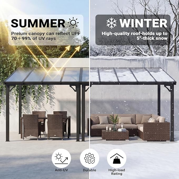 AirWire 10x18 FT Gazebo, Pergola Awnings for Patio with Hardtop Gazebos on Clearance, Patio Covers for Shade and Rain, Lean to Gazebo Sunroom Patio Canopy Outdoor Pergolas for Patios, Decks, Backyard