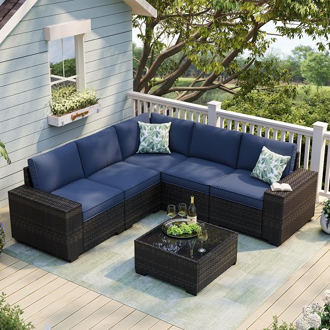 JOYURE 6 Pieces Patio Furniture Set, Outdoor Sofa with Waterproof Cushions, Rattan L Shaped Patio Couch & Coffee Table, Modern Outdoor Furniture for Backyard, Deck, Balcony – Navy