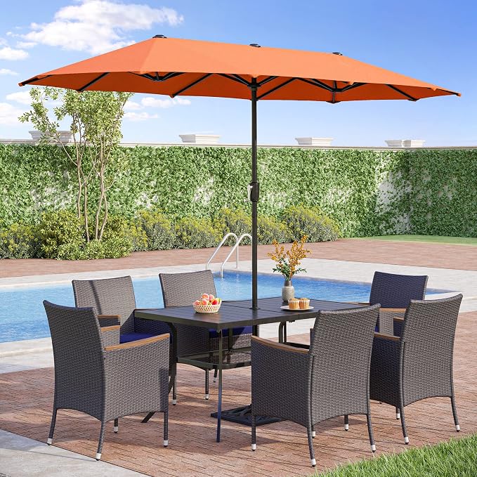 PHI VILLA 7pc Patio Dining Set w/Umbrella, Rectangular Table, Rattan Chairs | Outdoor Dining Set for 6, 60" Metal Table & 6 Cushioned Rattan Chairs with Red Umbrella for Outdoor, Deck, Yard, Porch