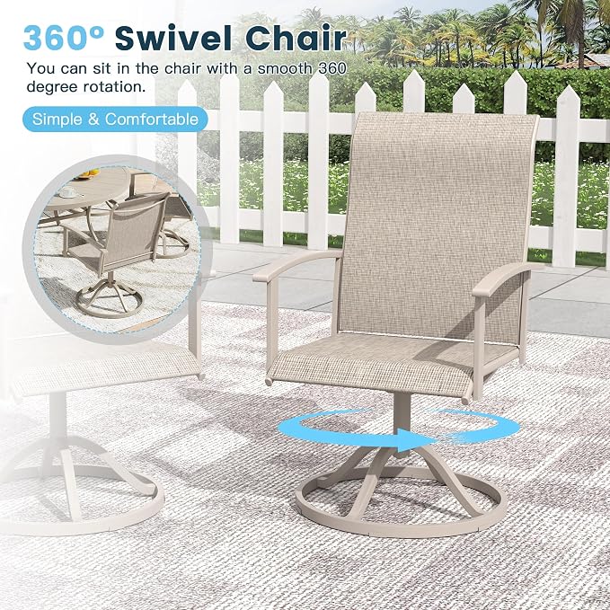 9 Pieces Outdoor Patio Dining Table Set, 60" All Weather Round Metal Table with Umbrella Hole and 8 High Back Textilene Swivel Chairs for Garden, Lawn, Poolside, Sandshell