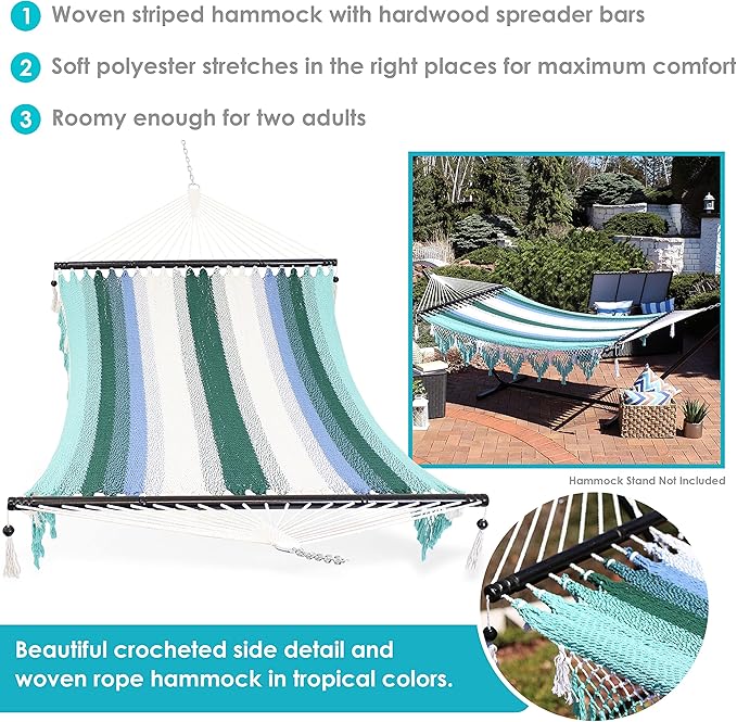 Sunnydaze Lagoon Stripes Woven Double Hammock with Crocheted Edges/Spreader Bars and Soft-Spun Polyester Rope Hanging Hammock Chair