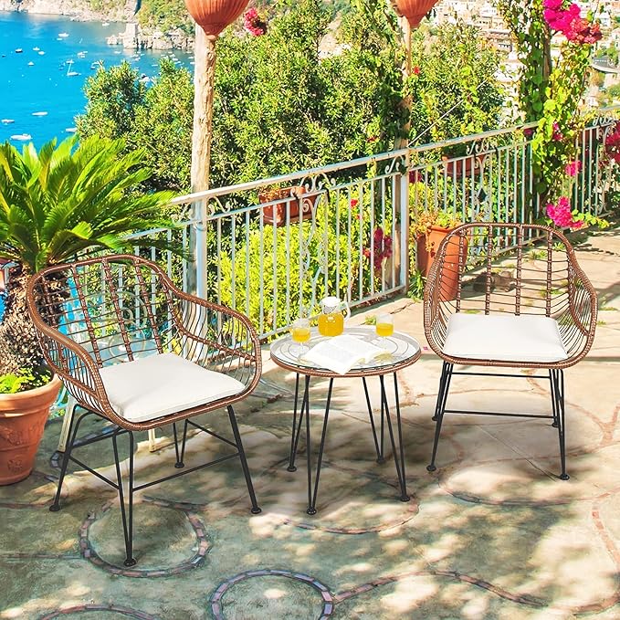 DORTALA 3 Piece Patio Bistro Set, Outdoor Wicker Furniture with Round Tempered Glass Top Table & 2 Rattan Armchairs, Cushions, Conversation Set for Porch, Backyard, Garden, White