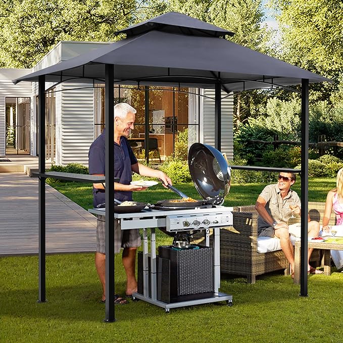 GARTOO 8'x5' Outdoor Grill Gazebo - Double Roof BBQ Gazebo Canopy with 2 Side Shelves and LED Lights, Patio BBQ Pergola Shelter for Garden, Porch and Backyard (Grey)
