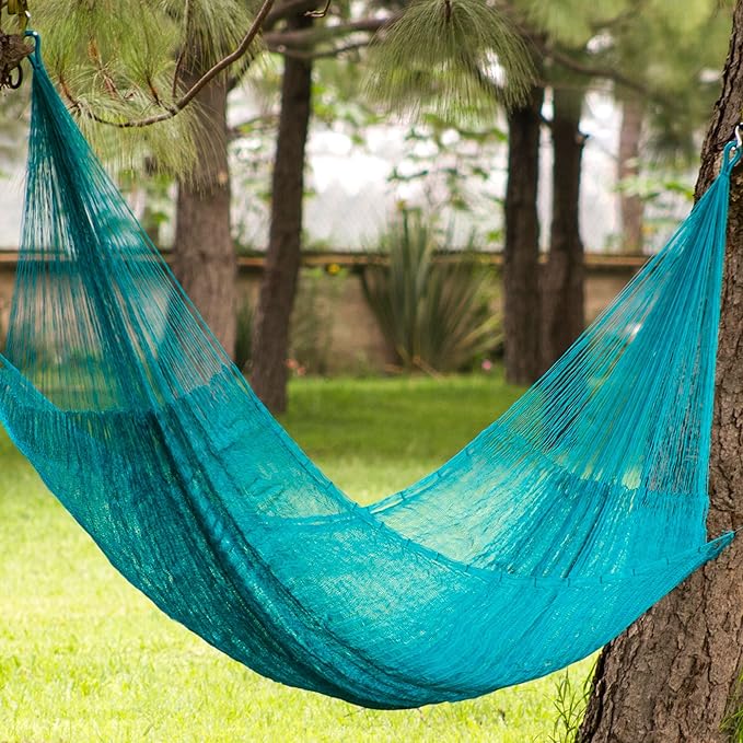 NOVICA Turquoise Blue Nylon Hand Woven Mayan Rope 2 Person XL Hammock with Hanging Accessories, 'Maya Bondi' (Double)