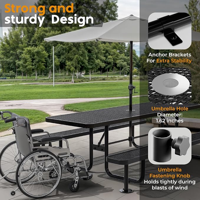 Commercial Heavy-Duty Metal Picnic Table - ADA Compliant, Adjustable Seats, Umbrella Hole, Expanded Metal (Black, 8' Rectangular)
