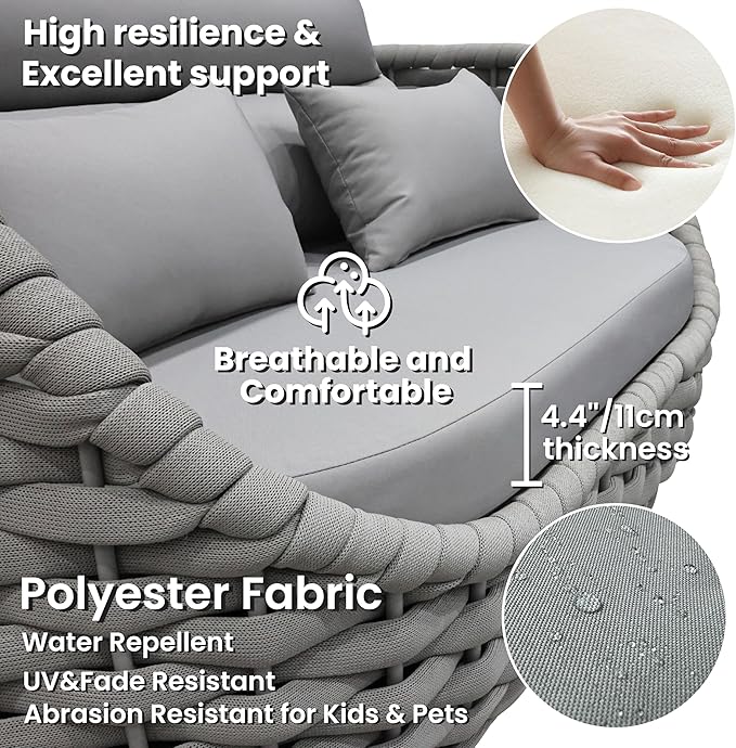 Rope Outdoor Patio Furniture Set: 6 Pieces Aluminum Porch Conversation Sofa Set - Modern Hand Woven Deck Couch Set Cushioned - No Assembly All Weather for 660lbs Yard Garden Lanai Hotel, Gray