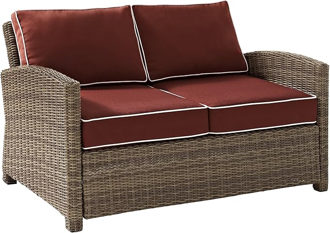 Crosley Furniture Bradenton 5-Piece Outdoor Loveseat Patio Furniture Set, Wicker Conversation Sets for Porch, Brown with Sangria Cushions