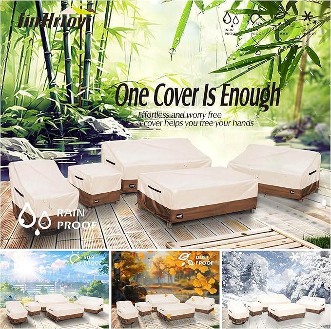 JinHrtoyi Patio Coffee Table Cover,48Wx28Dx16H Inches 100% Waterproof Heavy Duty Outdoor Rectangular Side Table Cover,Beige&Brown Modern Style Outdoor Furniture Covers