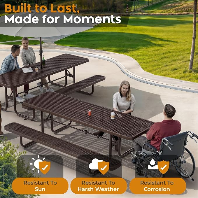 Commercial Heavy-Duty Metal Picnic Table - ADA Compliant, Adjustable Seats, Umbrella Hole, Expanded Metal (Dark Brown, 8' Rectangular)